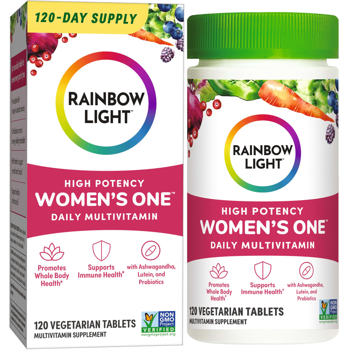 Rainbow Light Women’s One powder tub front shows convenient daily multivitamin packaging for busy days.