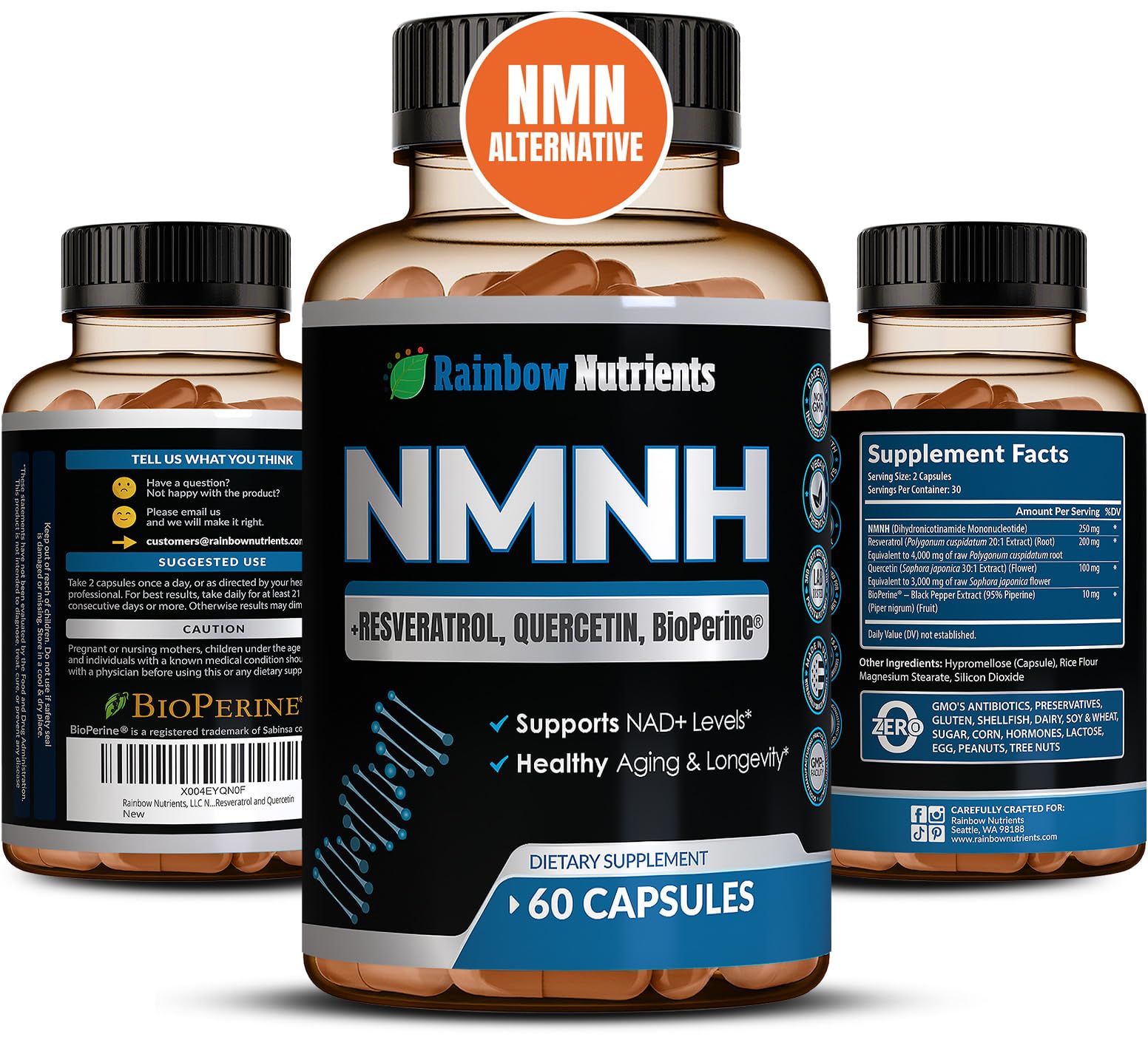 Rainbow Nutrients NMNH supplement bottle showing daily NAD+ support potential