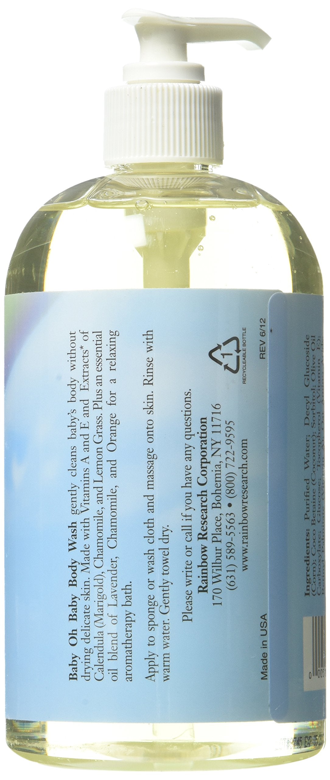 Rainbow Research Baby Scented Body Wash ingredients close-up showing lavender chamomile calendula