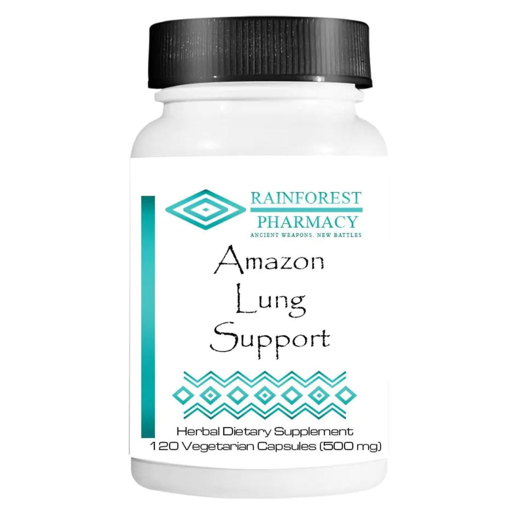 Rainforest Pharmacy Amazon Lung Support bottle promoting respiratory balance with herbal blend.