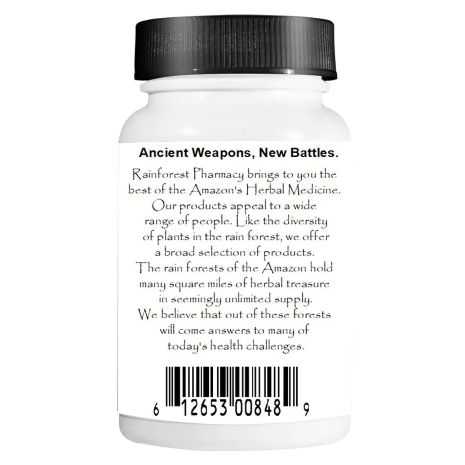 Rainforest Pharmacy Amazon Lung Support capsules highlighting non-GMO, ecologically wildcrafted ingredients.