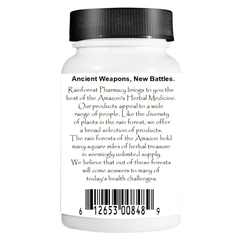 Rainforest Pharmacy Amazon Lung Support capsules highlighting non-GMO, ecologically wildcrafted ingredients.