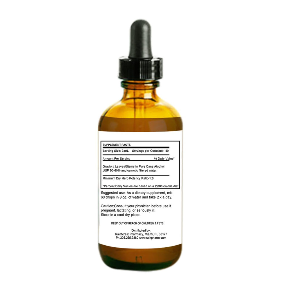 Rainforest Pharmacy Graviola dropper dispensing into beverage for easy mixing.