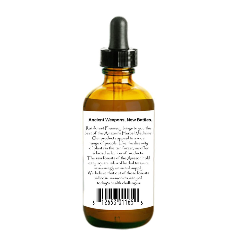 Rainforest Pharmacy Graviola label highlights sustainable sourcing and purity.
