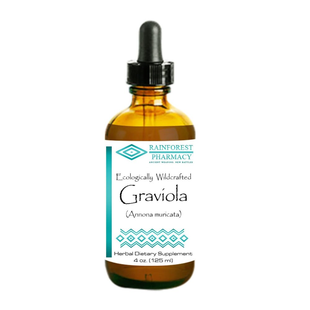 Rainforest Pharmacy Graviola liquid bottle front view for daily wellness.
