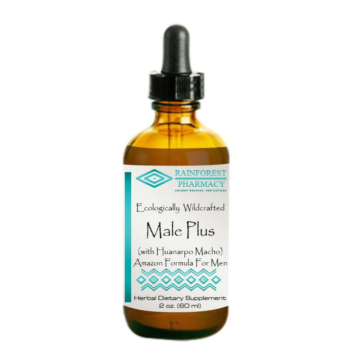 Rainforest Pharmacy Male Plus bottle with Huanarpo Macho extract for natural vitality support.