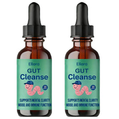 Raipult Ellora Gut Cleanse Drops bottle label highlights a plant-based blend for daily digestive support.