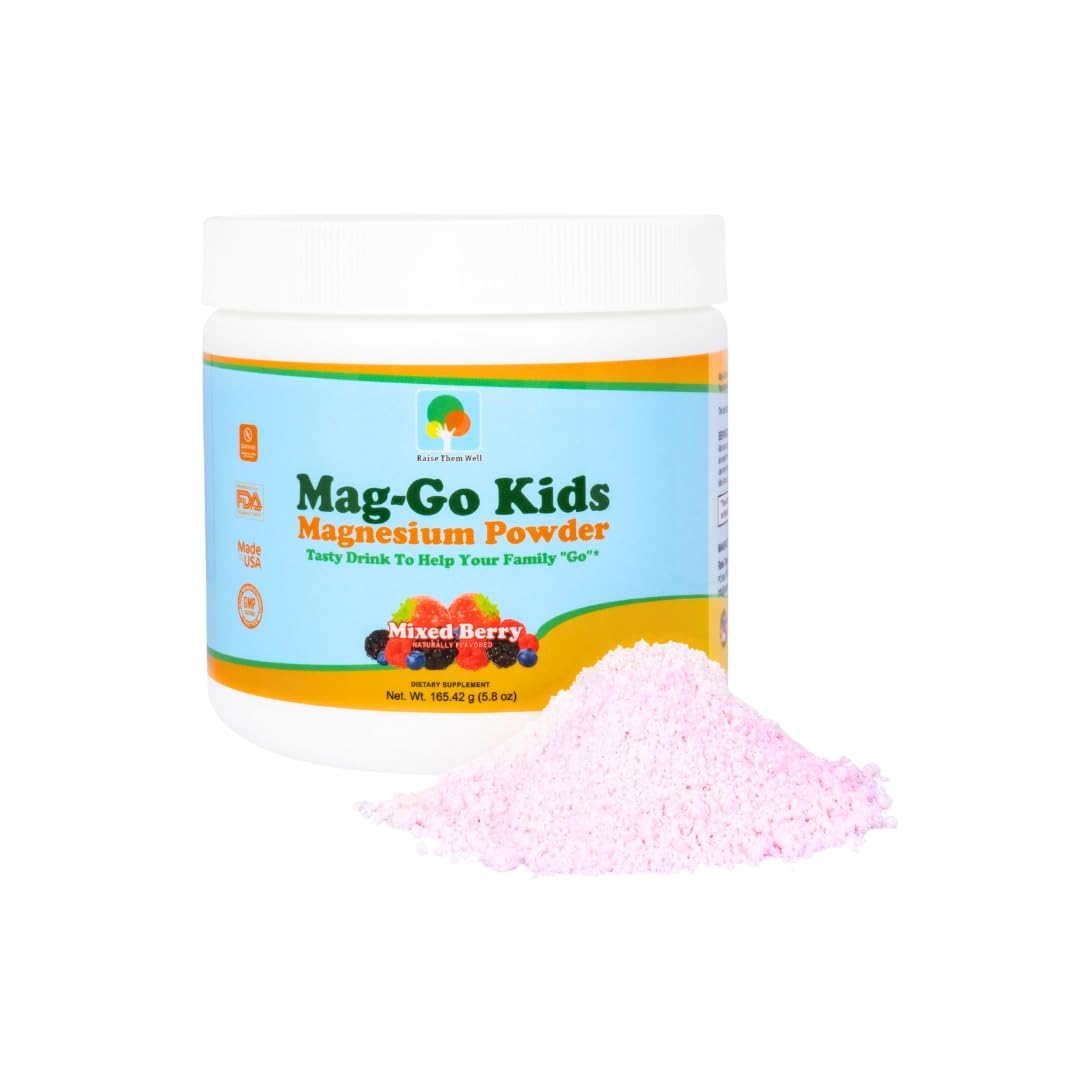 Raise Them Well Mag-Go bottle with kid-friendly magnesium powder for daily comfort.