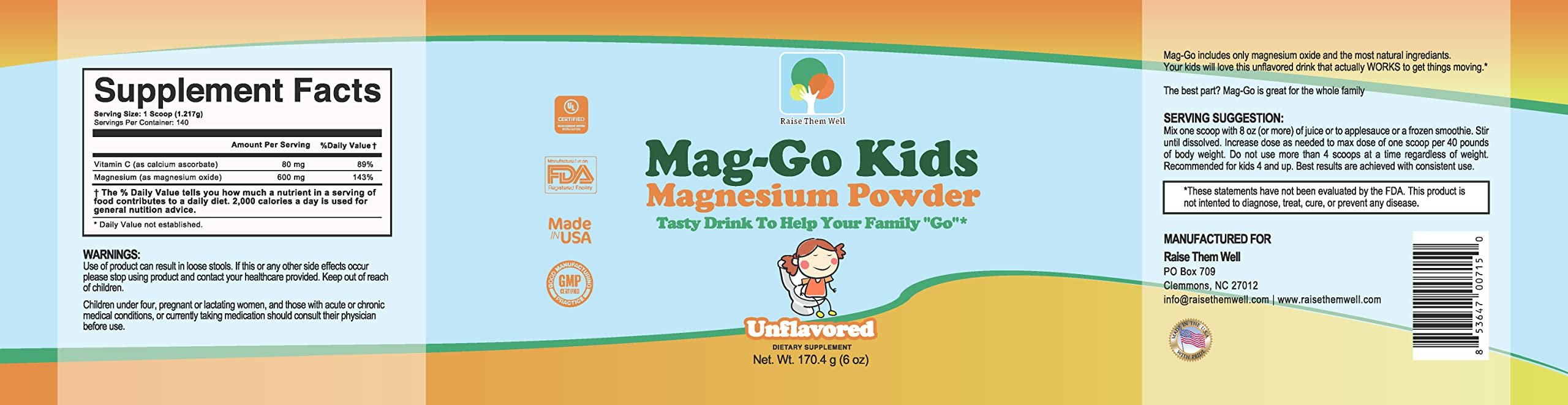 Raise Them Well Mag-Go Kids Magnesium Powder with spoon for easy kid-friendly dosing.