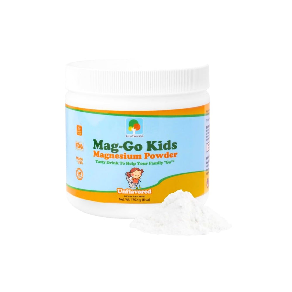 Raise Them Well Mag-Go Kids Magnesium Powder tub for gentle daily digestion support.