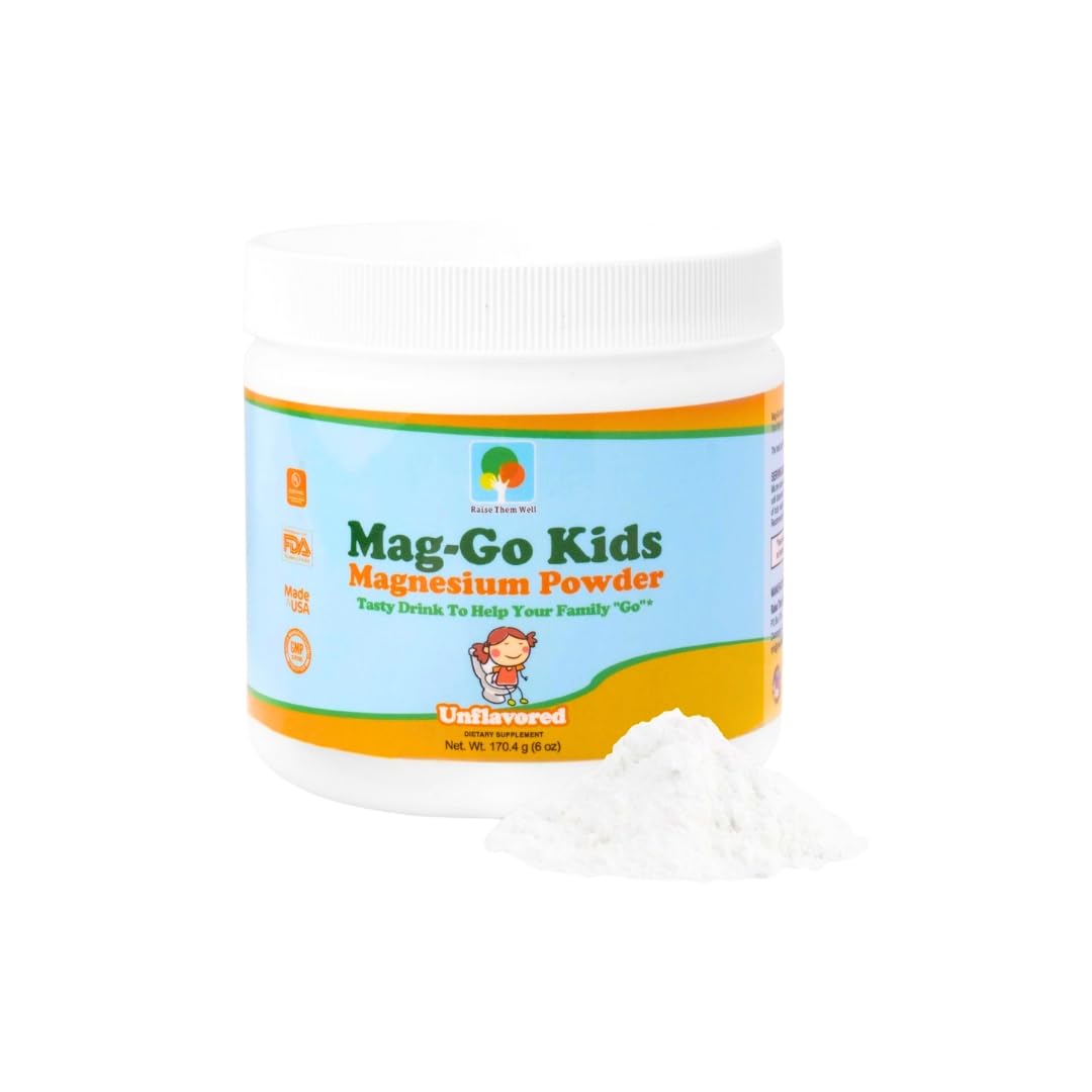 Raise Them Well Mag-Go Kids Magnesium Powder tub for gentle daily digestion support.