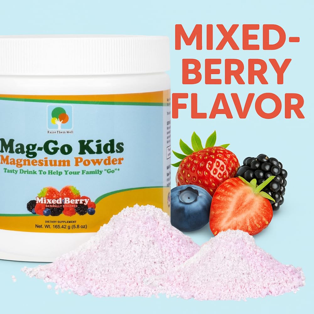 Raise Them Well Mag-Go mixed berry powder added to drinks for tasty daily support.