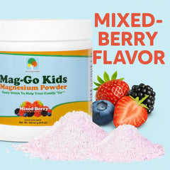 Raise Them Well Mag-Go mixed berry powder added to drinks for tasty daily support.