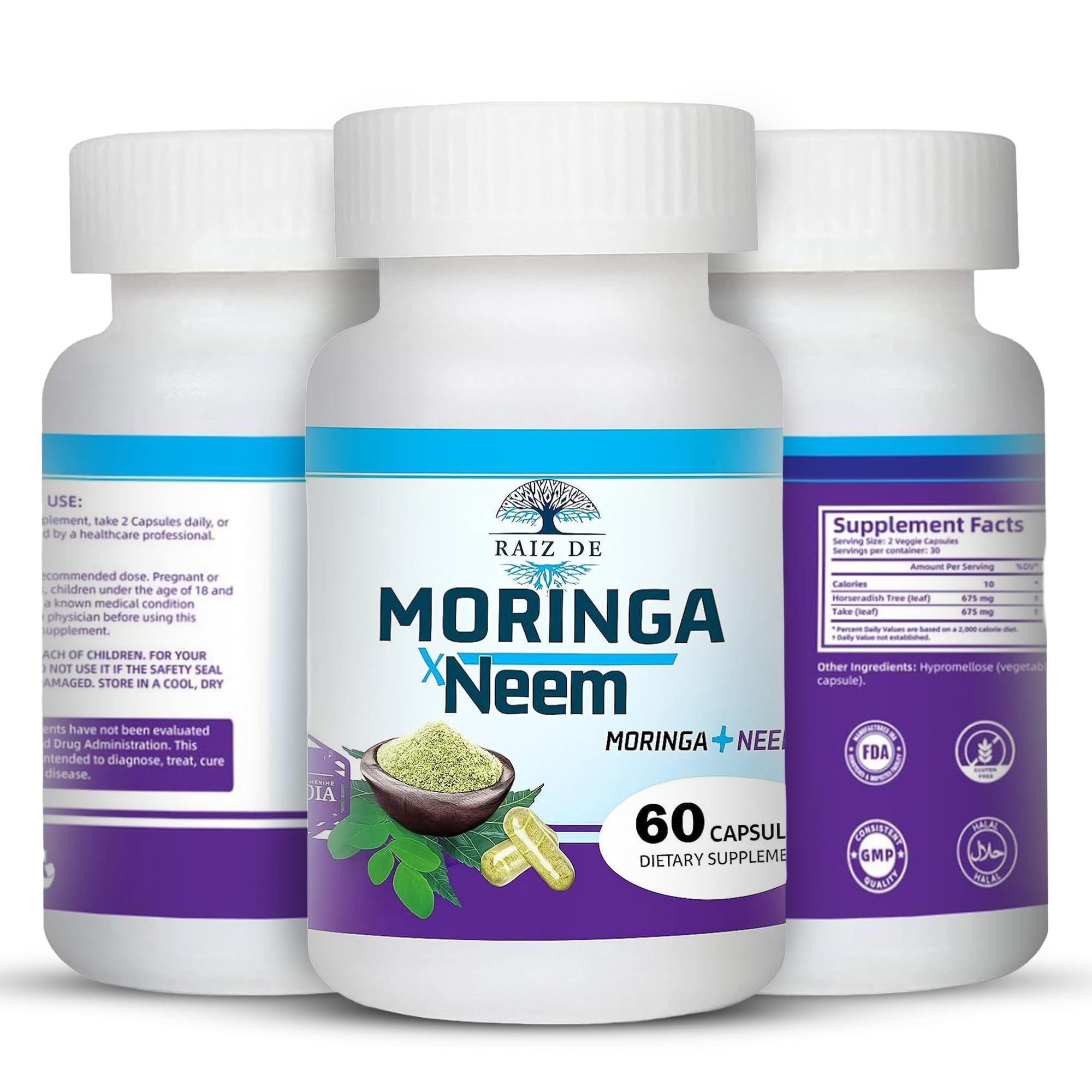 Raiz DE Neem & Moringa bottle on a table with glass of water.