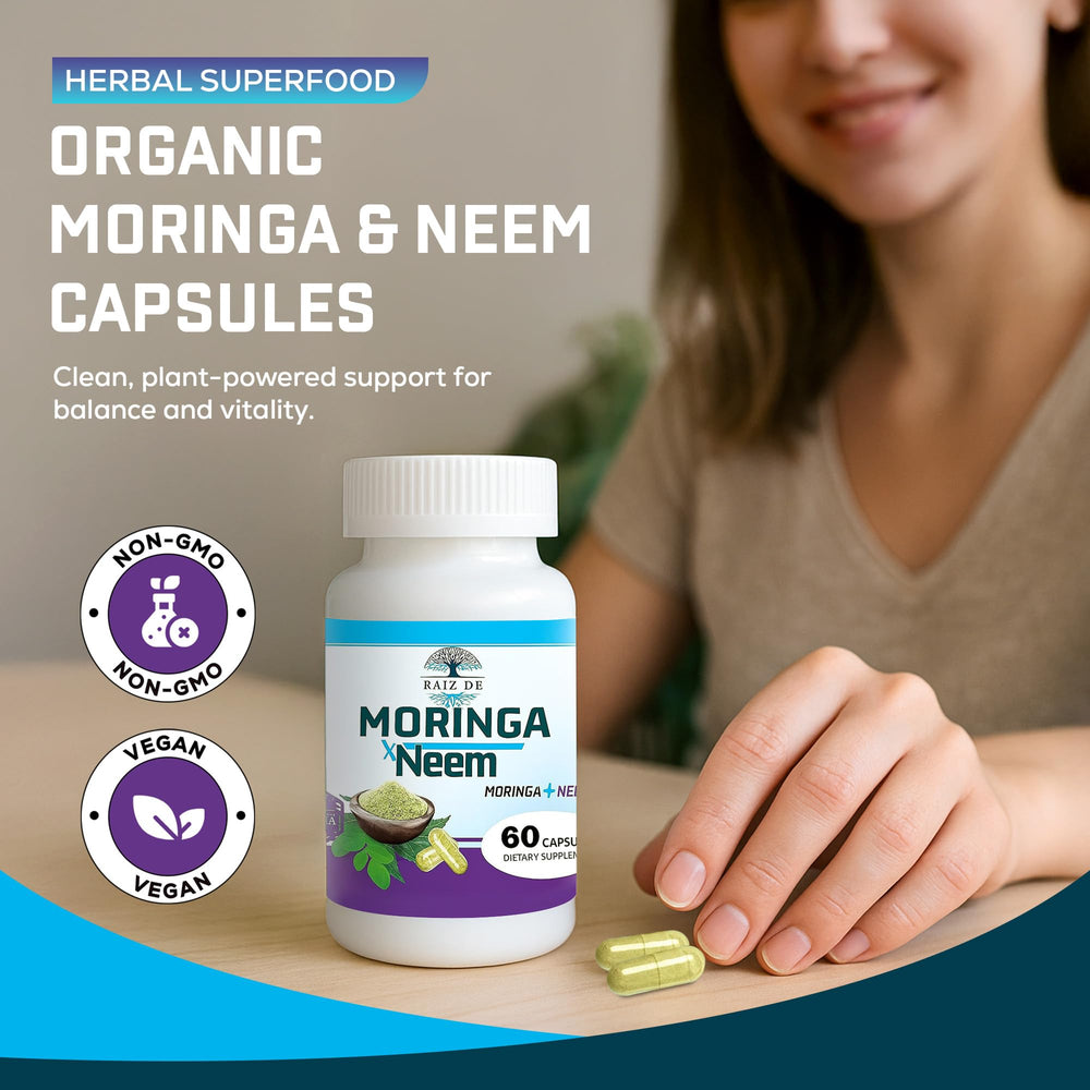 Closeup of capsules highlighting 675 mg neem and 675 mg moringa per serving.