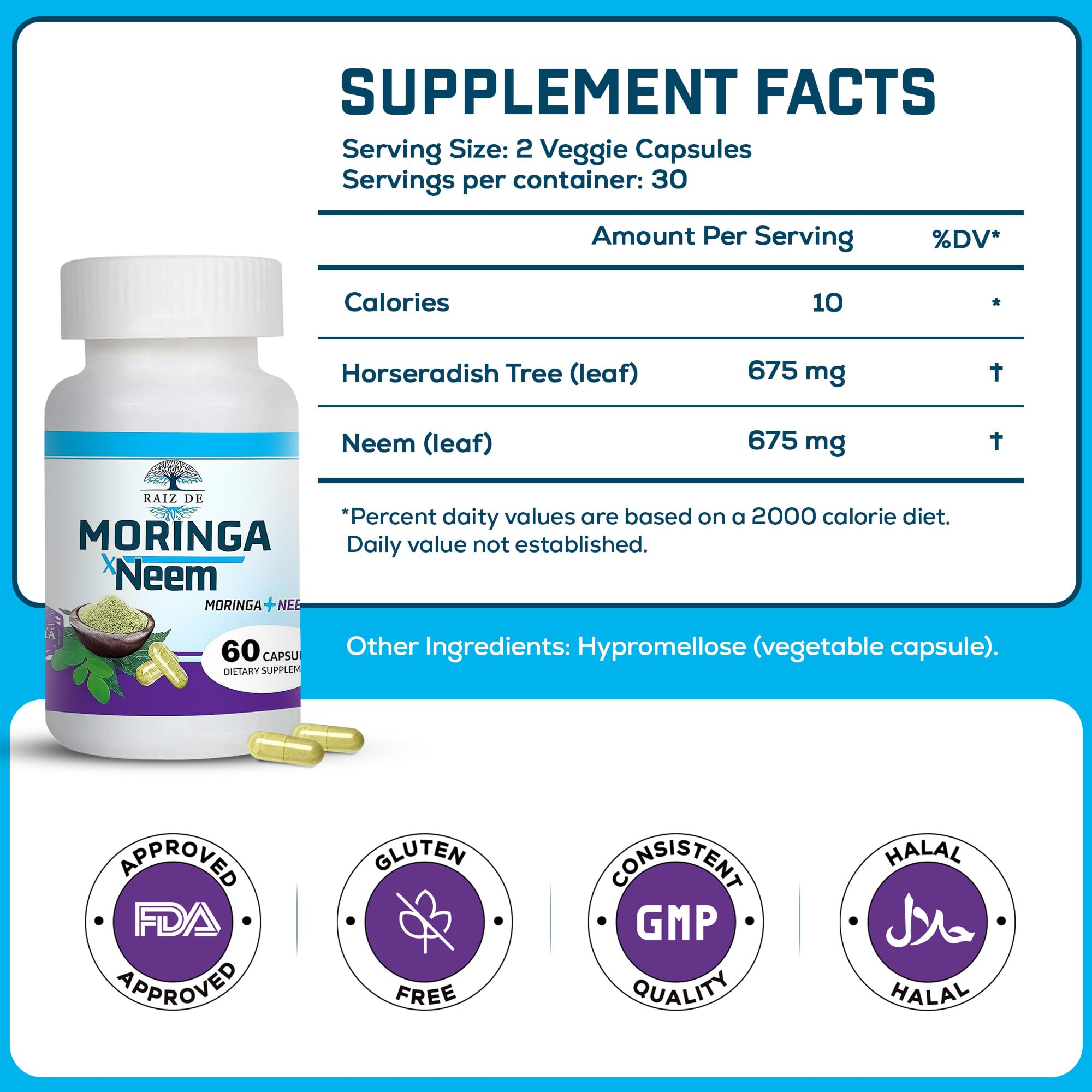 Pour shot of Raiz DE capsules illustrating convenient daily dosage.