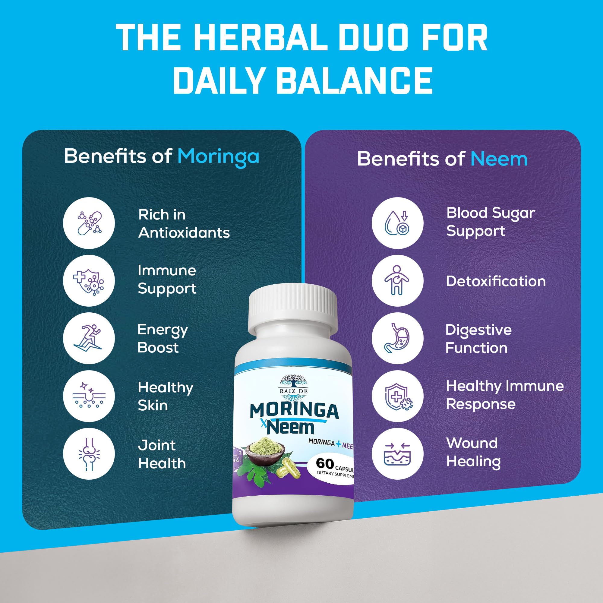 Raiz DE bottle back shows vegan, non-GMO ingredients for clean daily support.