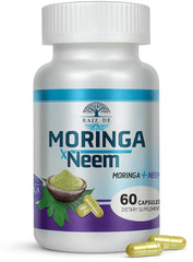 Raiz DE Organic Neem & Moringa capsules on the bottle front for daily wellness.