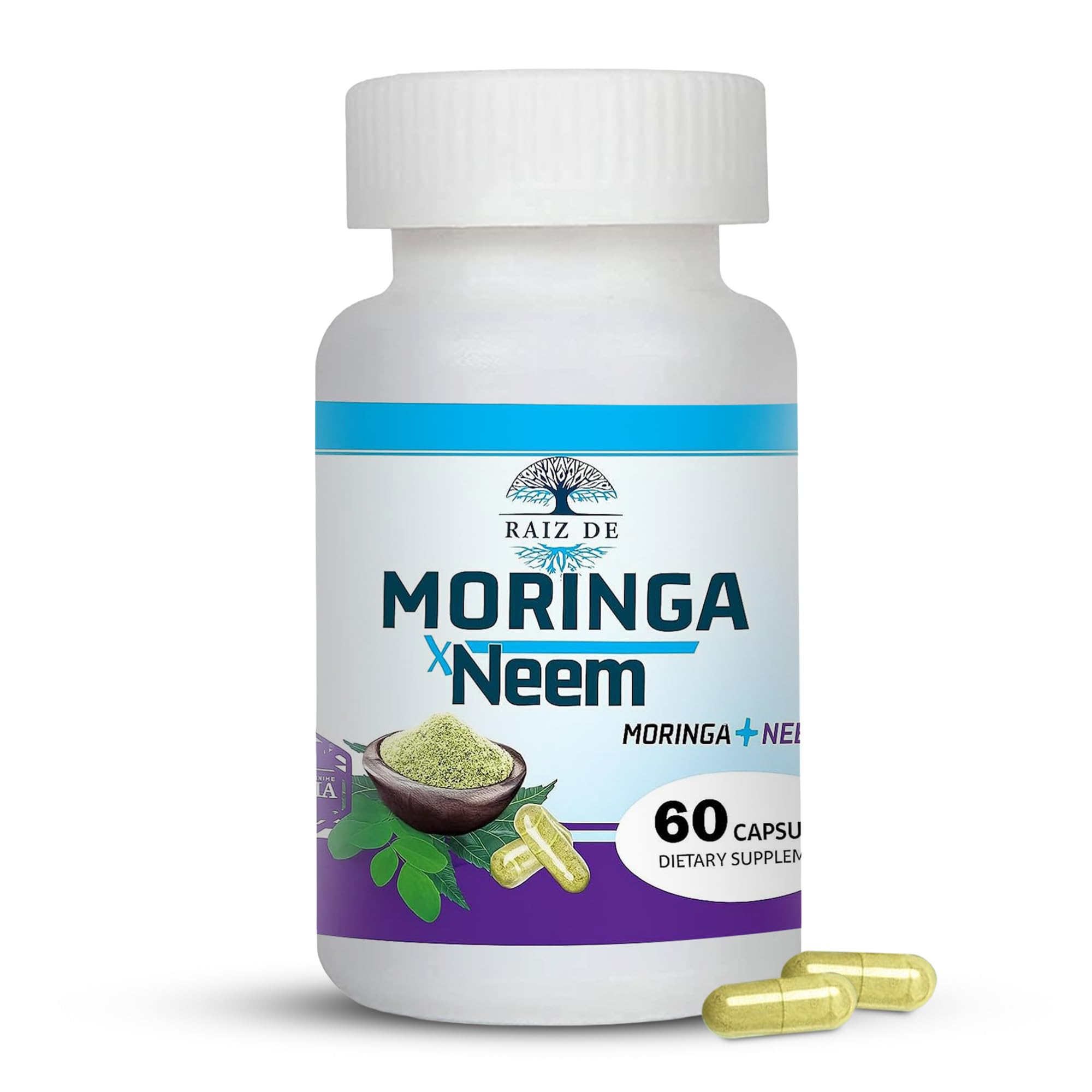 Daily dose scene with two Raiz DE capsules after meals.
