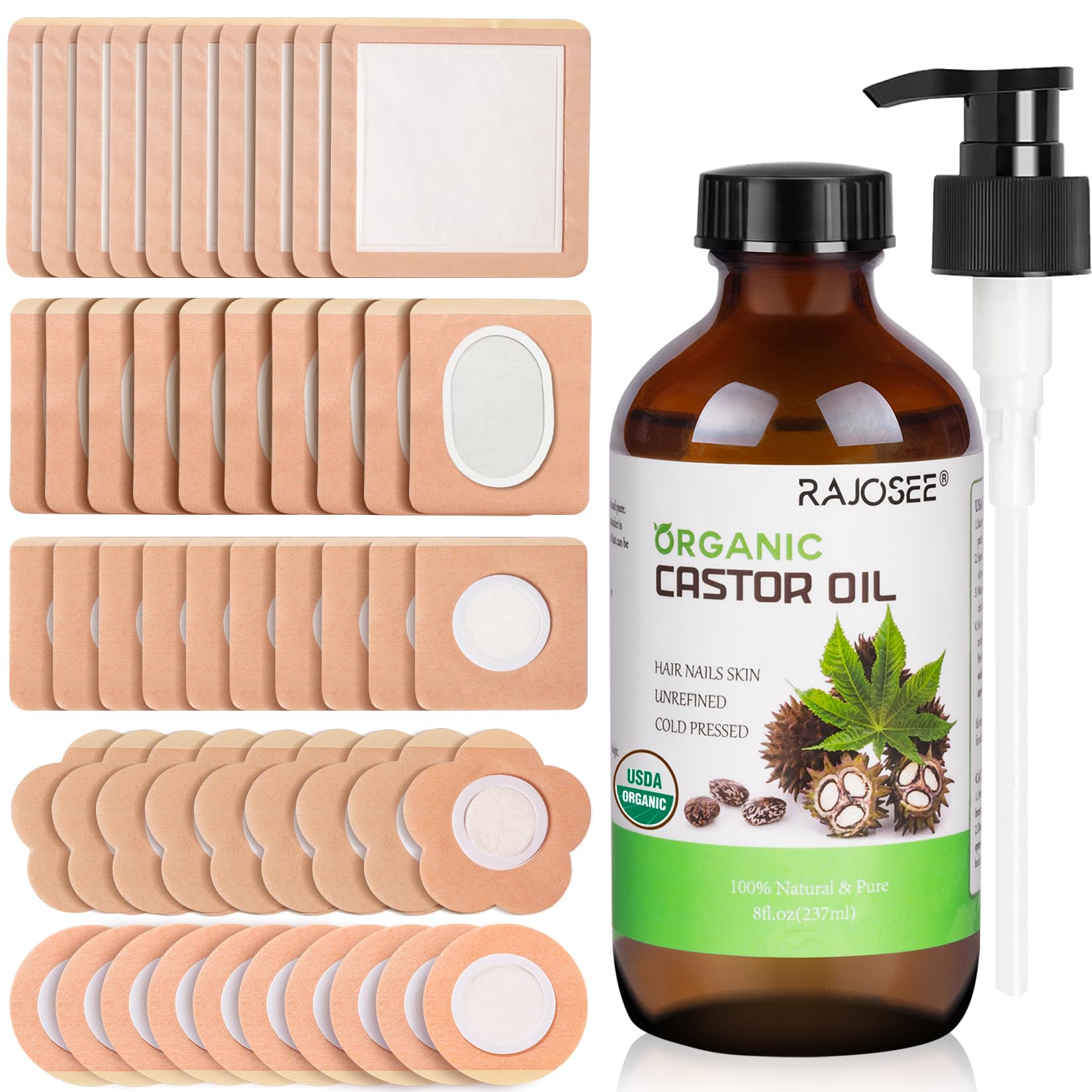 RAJOSEE castor oil pack bottle 8oz holds premium cold-pressed oil for easy preparation.