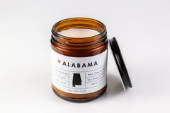 Rambling Caravan Alabama State Candle label shows pumpkin caramel crunch aroma for cozy evenings.