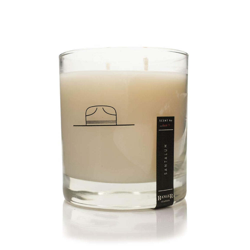 Ranger Station Santalum Candle jar with sandalwood aroma for calming, lingering fragrance