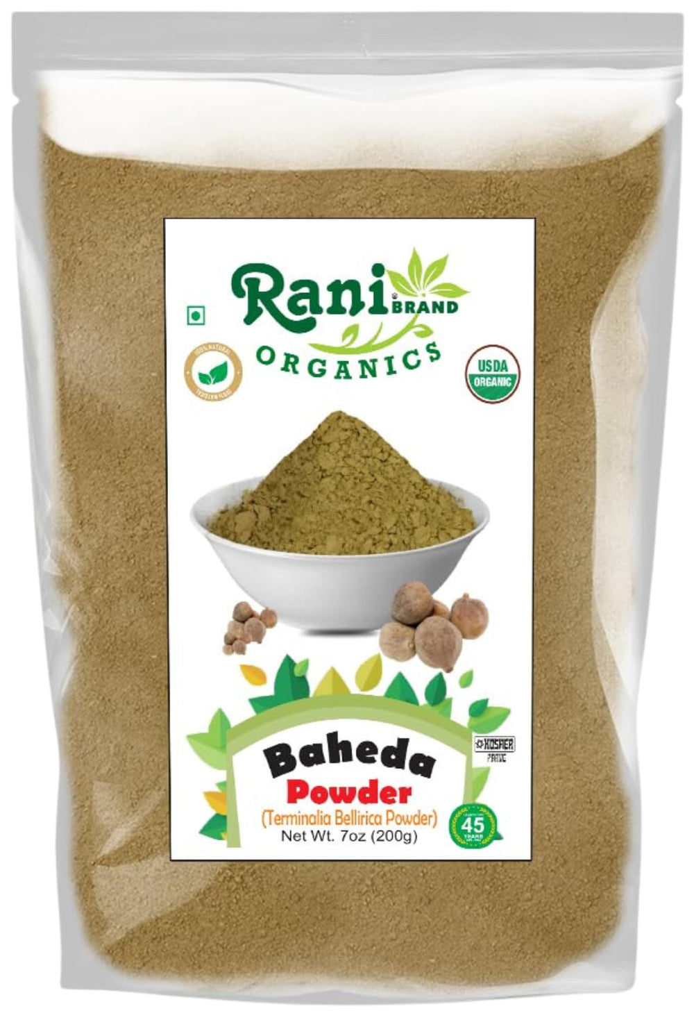 Rani Organic Baheda Powder in a jar, ideal for traditional Ayurvedic blends.