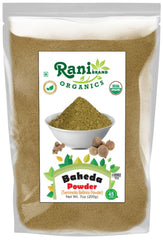 Rani Organic Baheda Powder in a jar, ideal for traditional Ayurvedic blends.