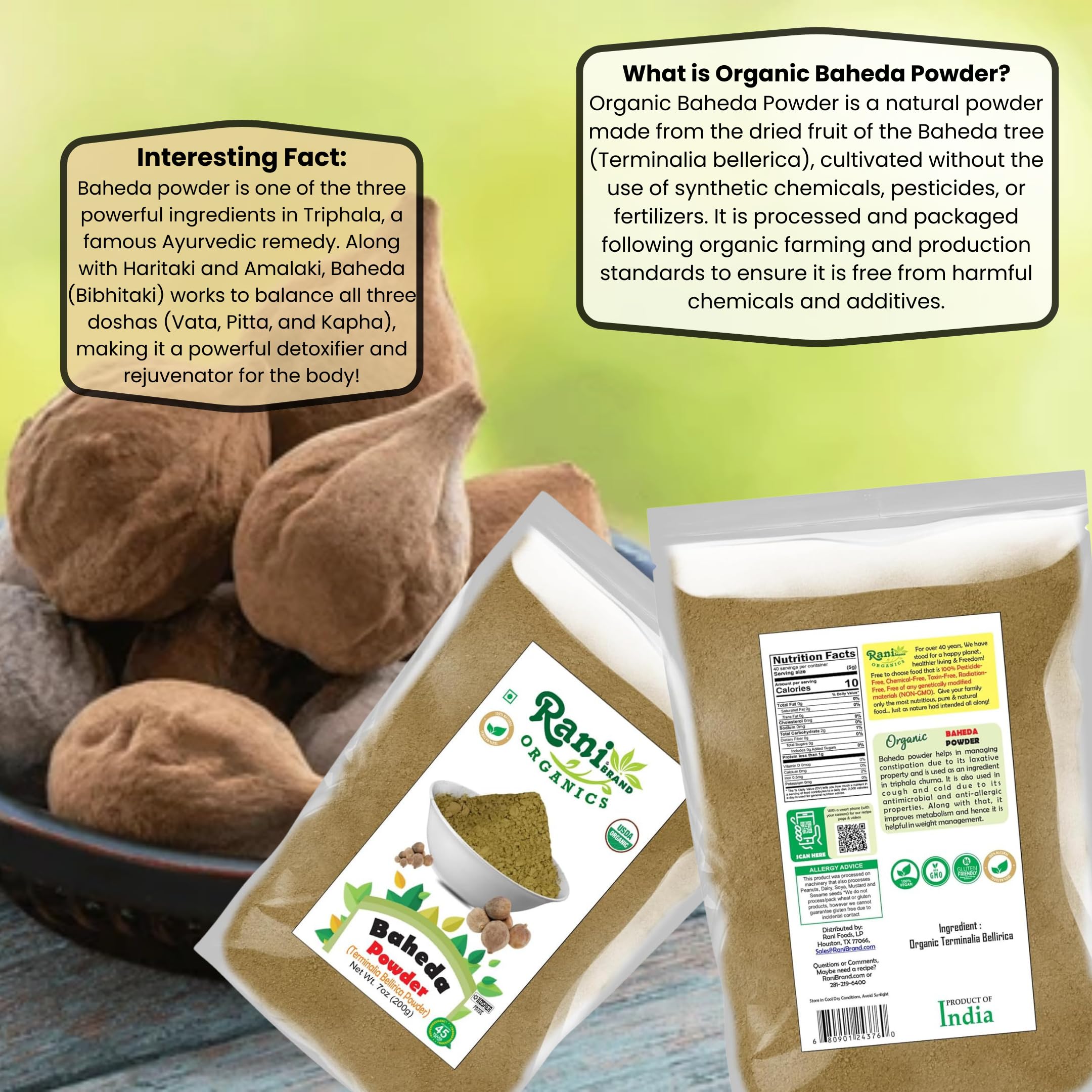 Rani Organic Baheda Powder packaging reseal keeps freshness.