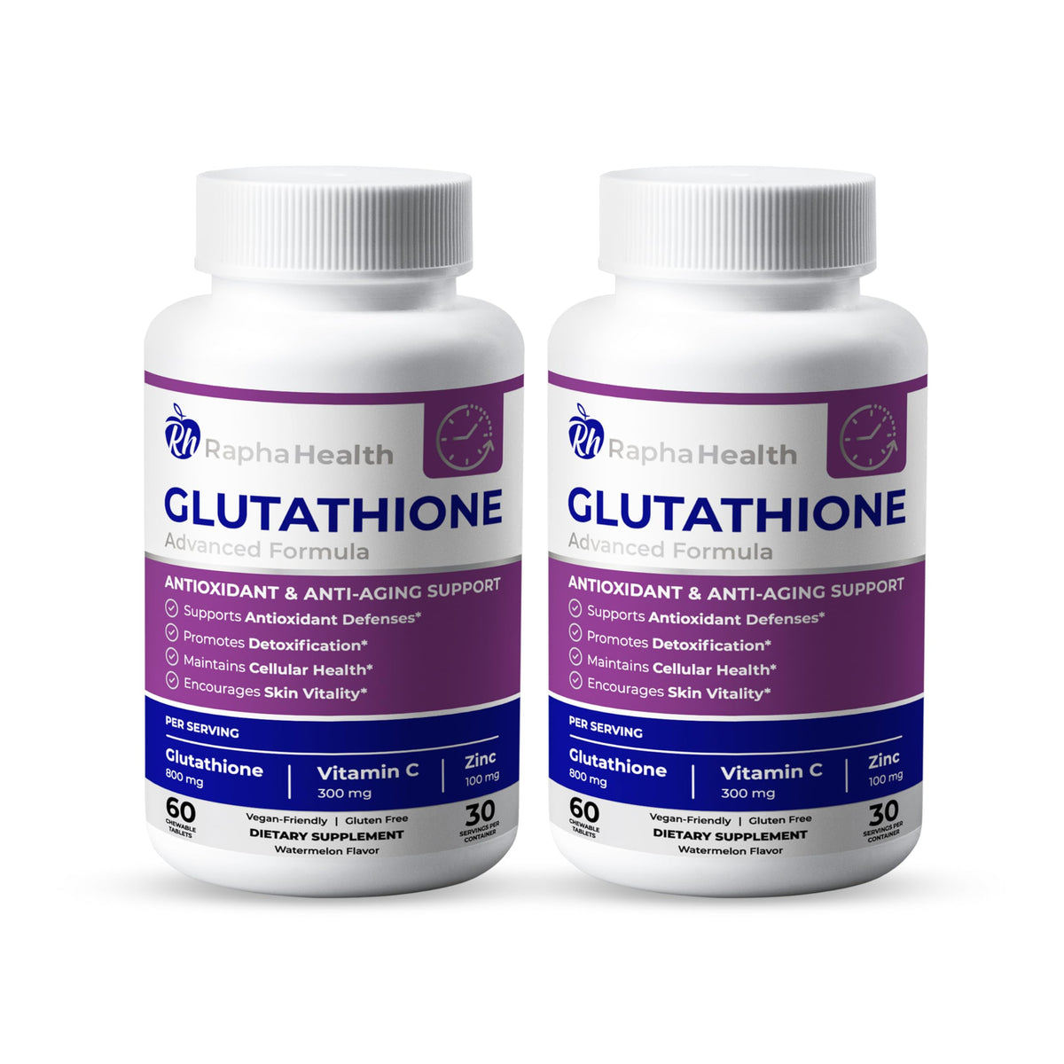 RAPHA HEALTH Glutathione Twin Pack bottle on a clean surface for antioxidant support.