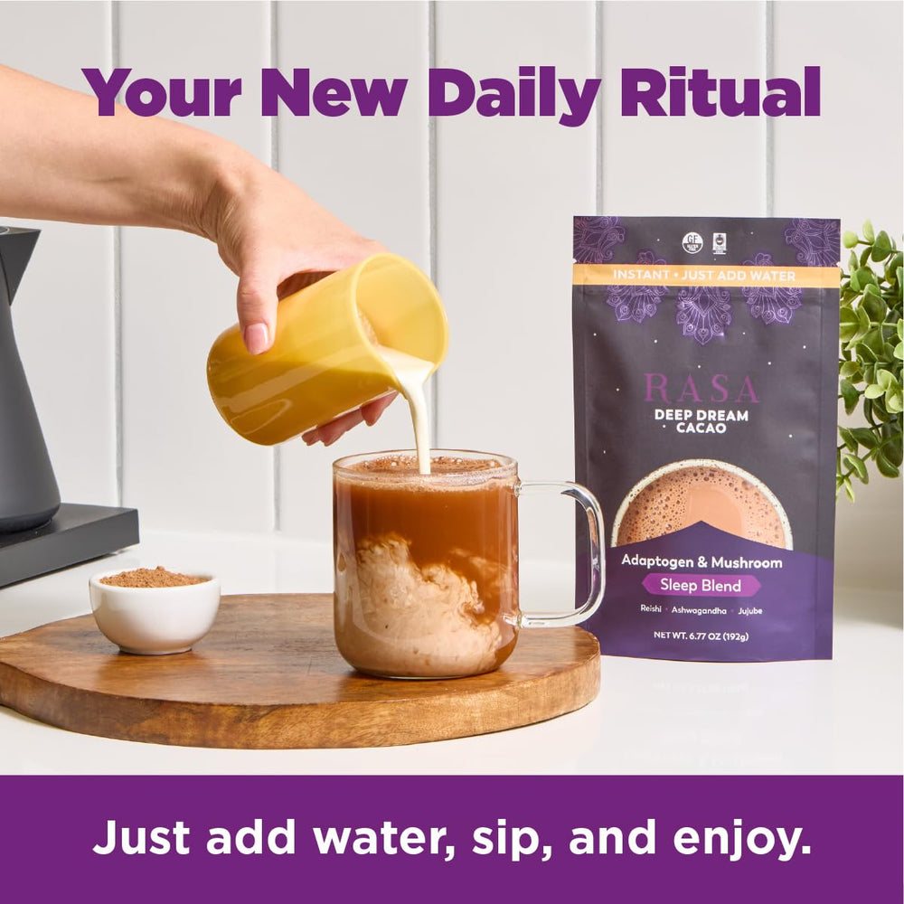 Rasa Deep Dream Cacao mug with steam ready for a calming nightly ritual.