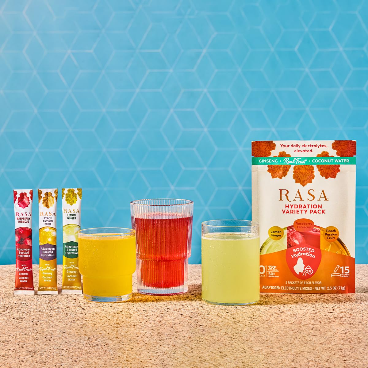 Rasa Hydration powder close-up with real fruit pieces for natural flavor