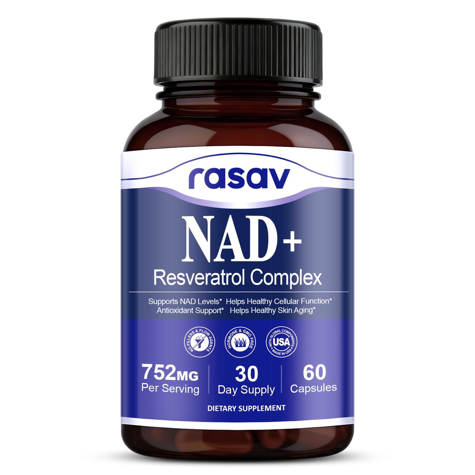 Rasav NAD+ 10-in-1 bottle front view for daily vitality.