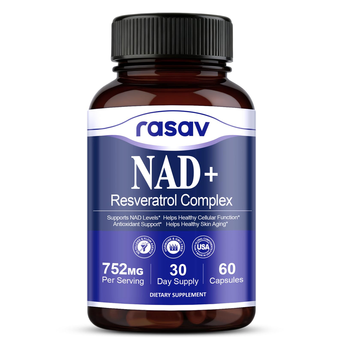 Rasav NAD+ 10-in-1 bottle front view for daily vitality.