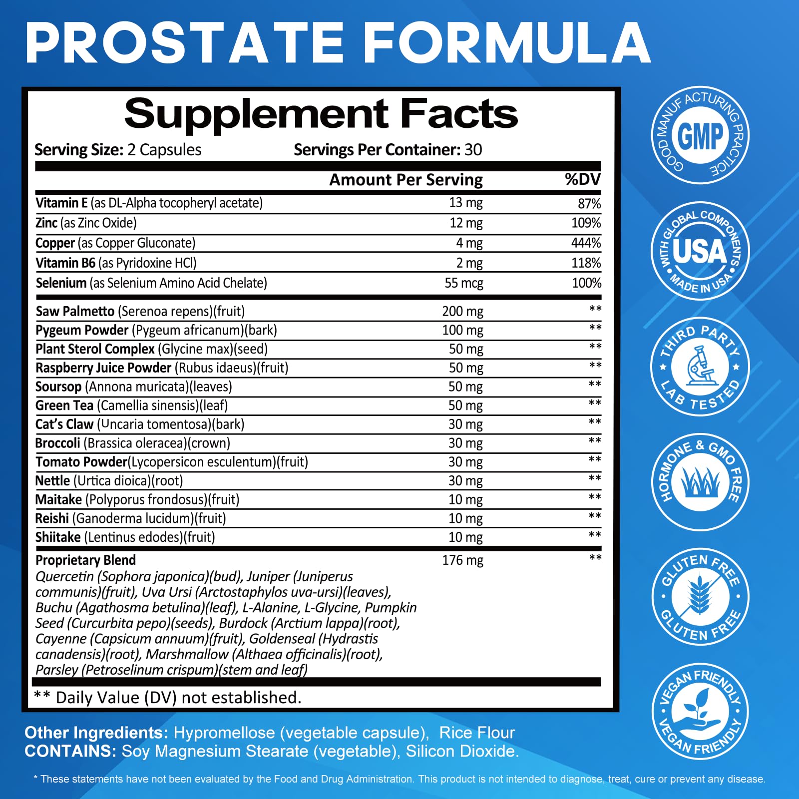 Rasav Prostate Health bottle side view with dosage information for daily intake.