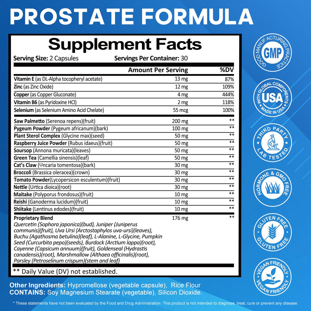 Rasav Prostate Health bottle side view with dosage information for daily intake.