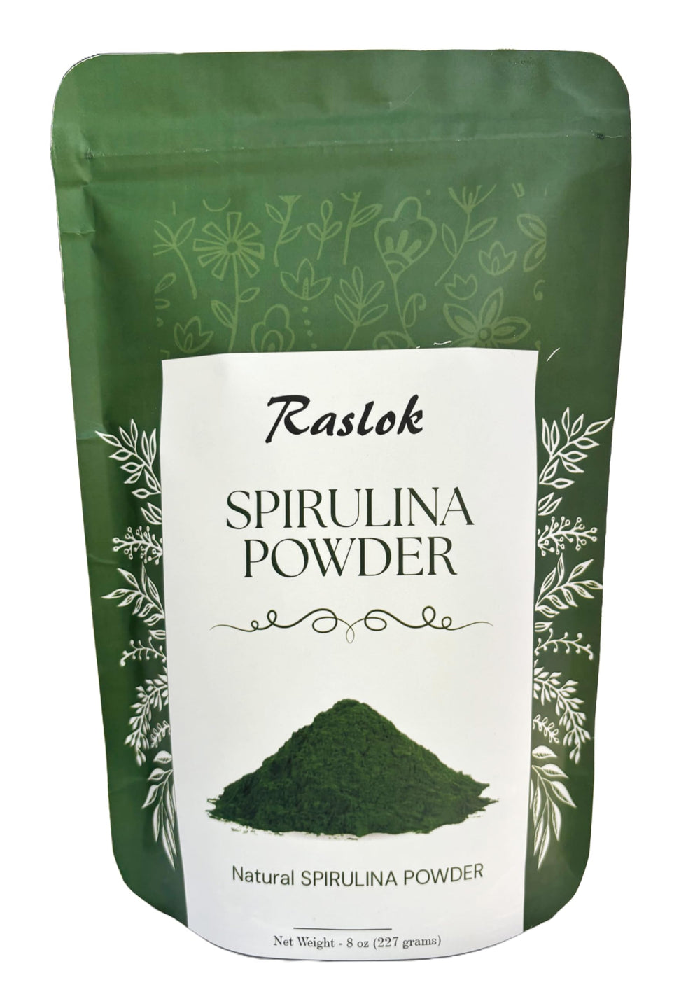 Raslok Pure Spirulina Powder bottle front shows pure, non-GMO formula for daily protein.