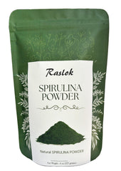Raslok Pure Spirulina Powder bottle front shows pure, non-GMO formula for daily protein.