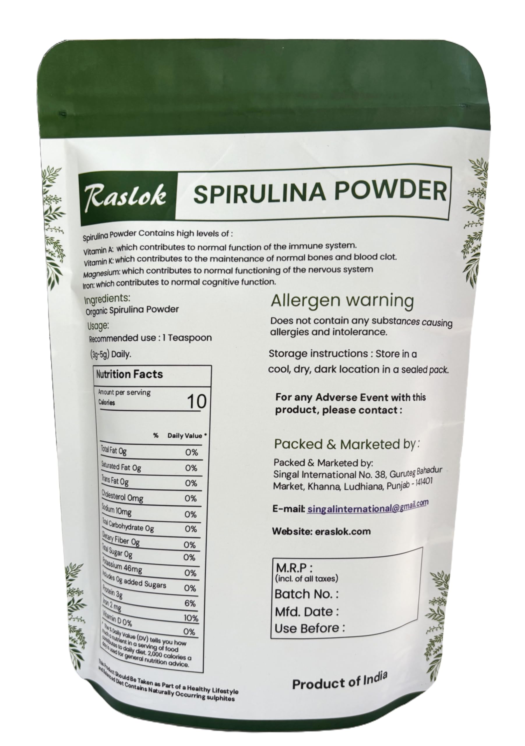 Raslok Spirulina powder dissolving in water provides a greens boost for energy.