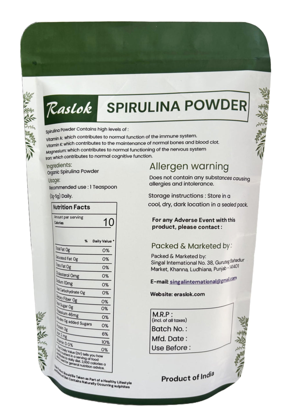 Raslok Spirulina powder dissolving in water provides a greens boost for energy.