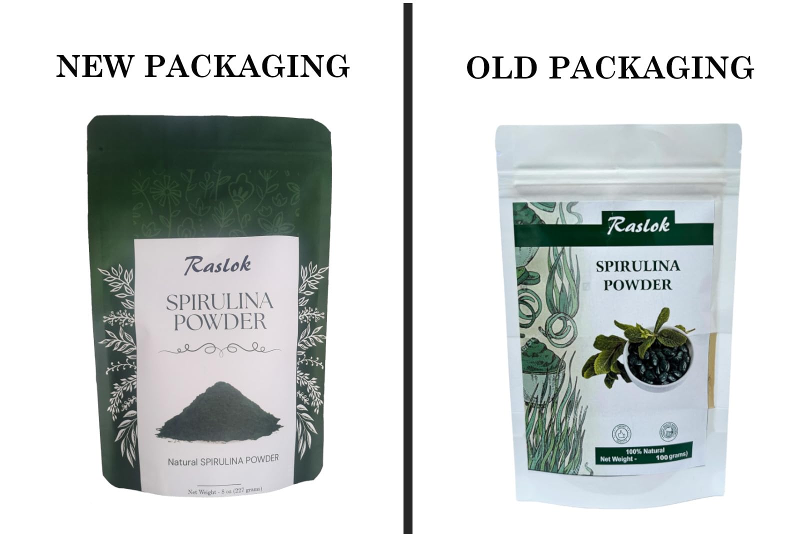Raslok Spirulina powder with scoop, convenient vegan protein boost.