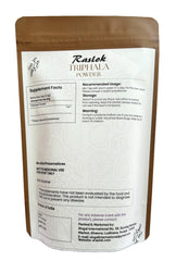 Raslok Triphala powder packaging emphasizes three fruits for holistic vitality.