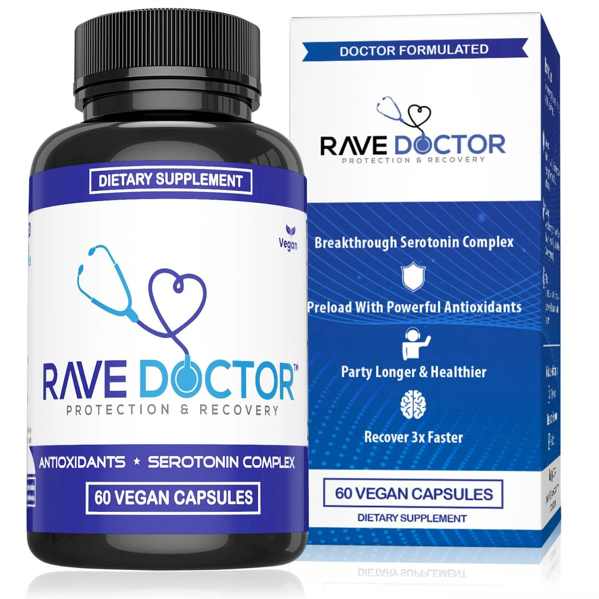 Rave Doctor 5HTP supplement bottle on table, supports immune vitality.