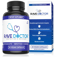 Rave Doctor 5HTP supplement bottle on table, supports immune vitality.