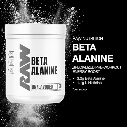 RAW Beta Alanine powder label closeup emphasizing pure ingredients.