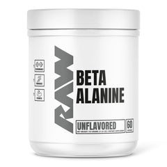 RAW Beta Alanine powder unflavored bottle highlighting endurance support.