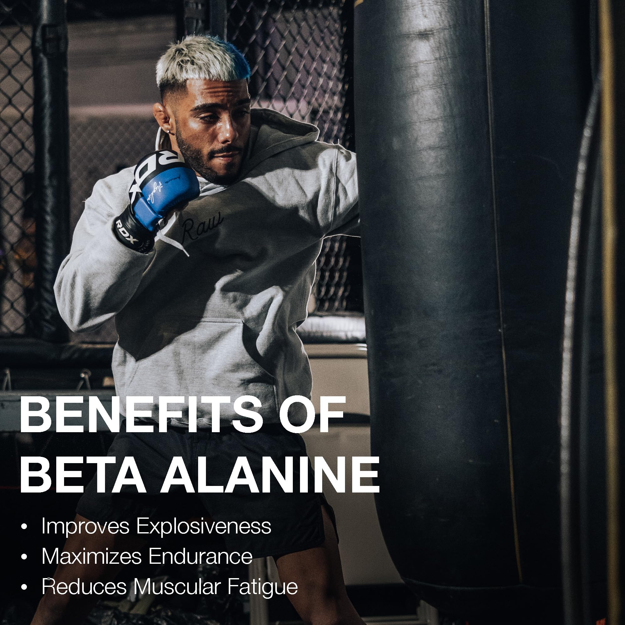 RAW Beta Alanine powder in a gym scene suggesting longer performance.