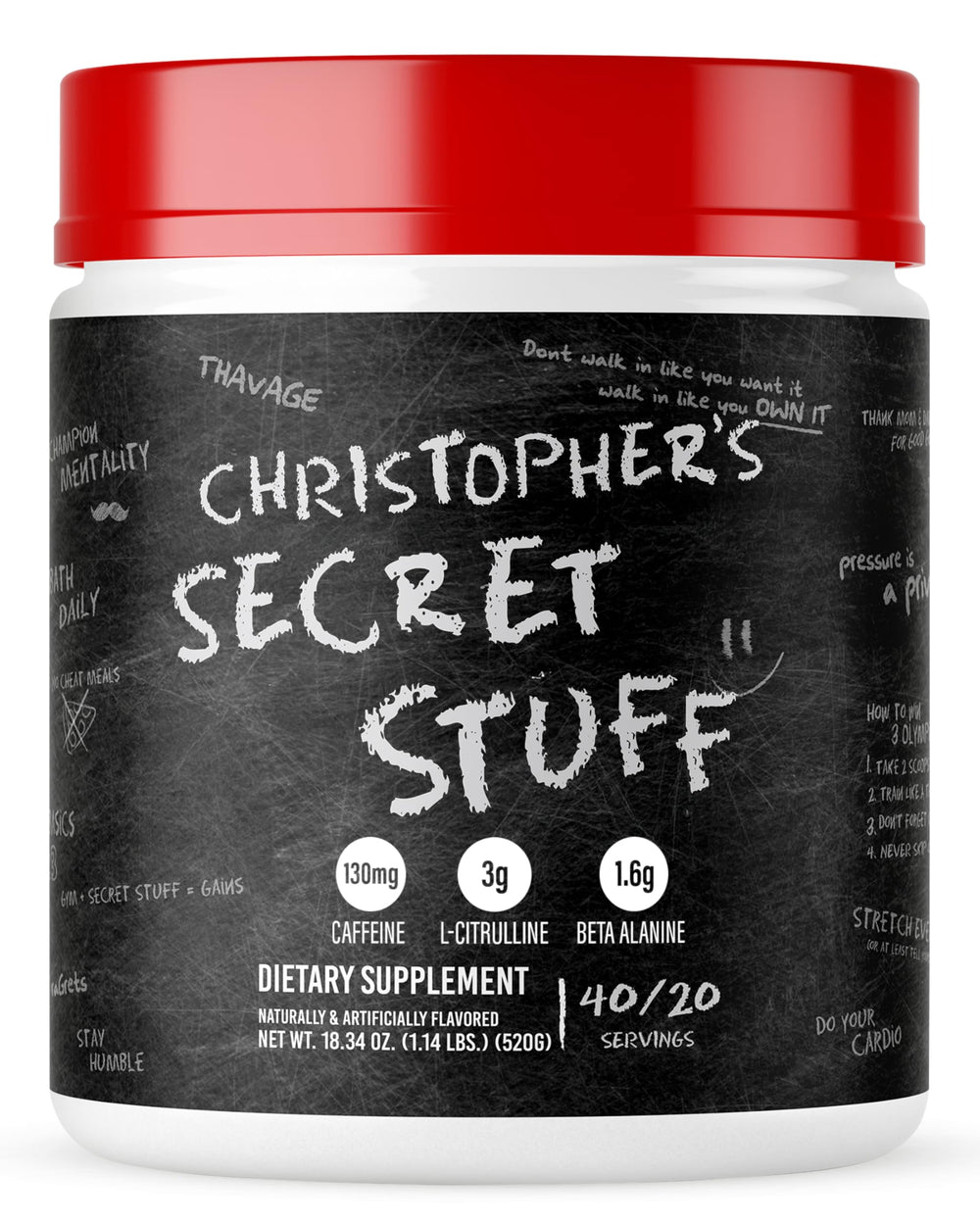 RAW Christopher's Secret Stuff pre-workout bottle ready for workouts.