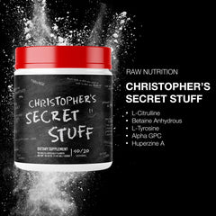Close-up of RAW label on Christopher's Secret Stuff jar.
