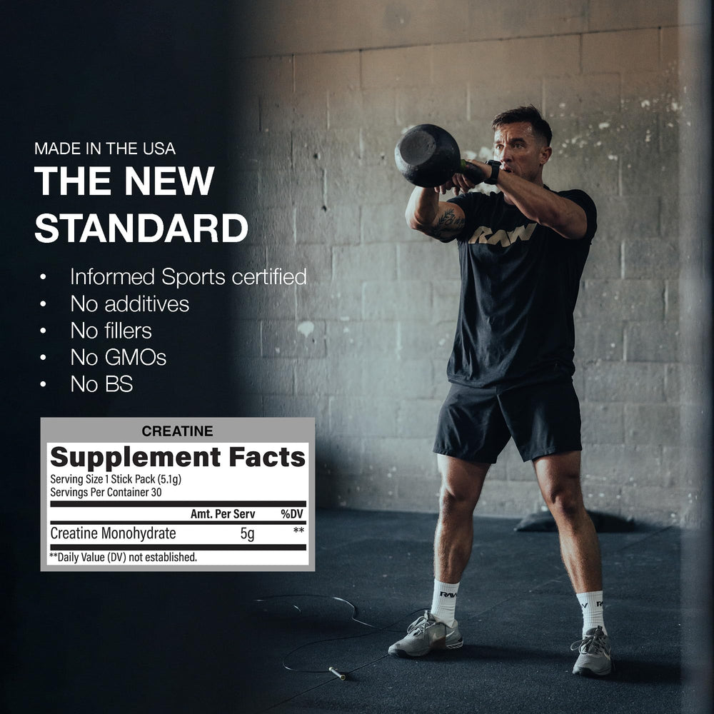 RAW Creatine Monohydrate To-Go Stick label highlights purity and quality.